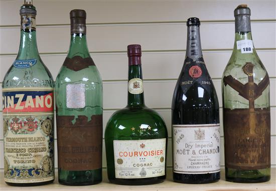 Five oversize bottles of spirits and wines, all empty, largest 51cm